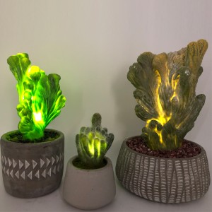 LED Artificial Cactus In Decorative Glass Pot Faux Succulent Decoration